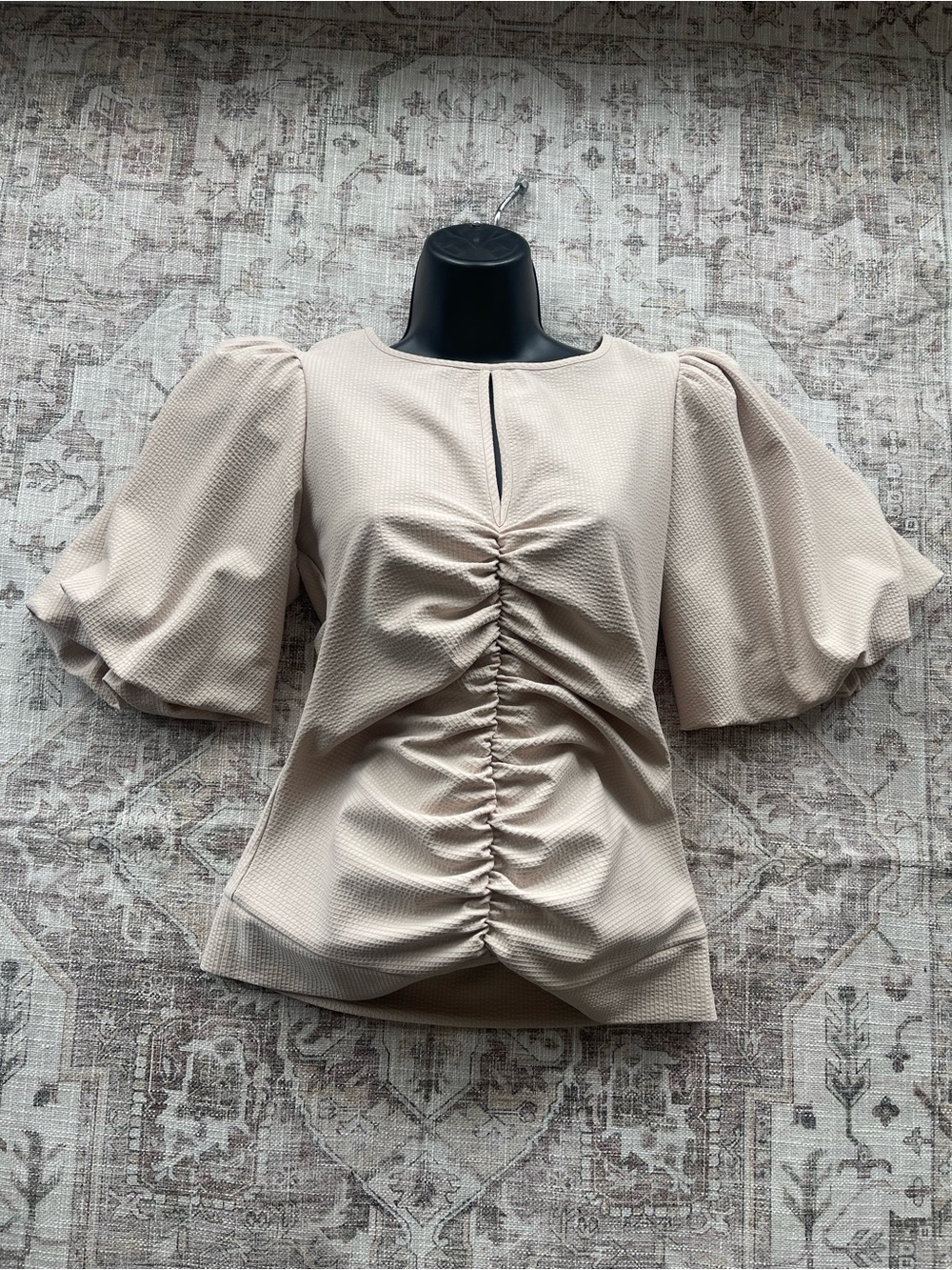 Smythe Neutral Ruched Front Keyhole Puff-Sleeve Blouse